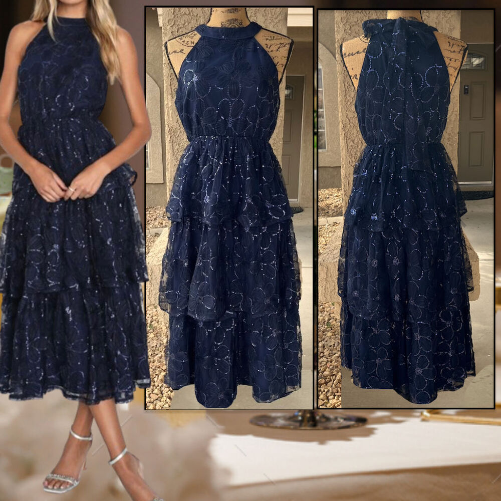 Lulus Navy Blue Sequins Floral Tiered Halter Midi Dress Size M